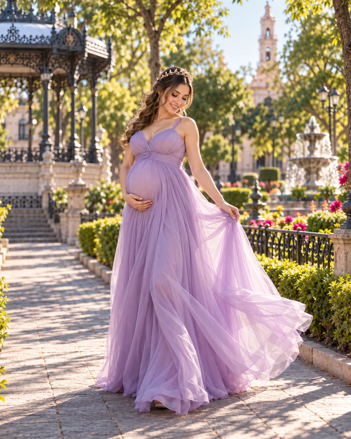Daniela caminando por el andador con el vestido ondeando
