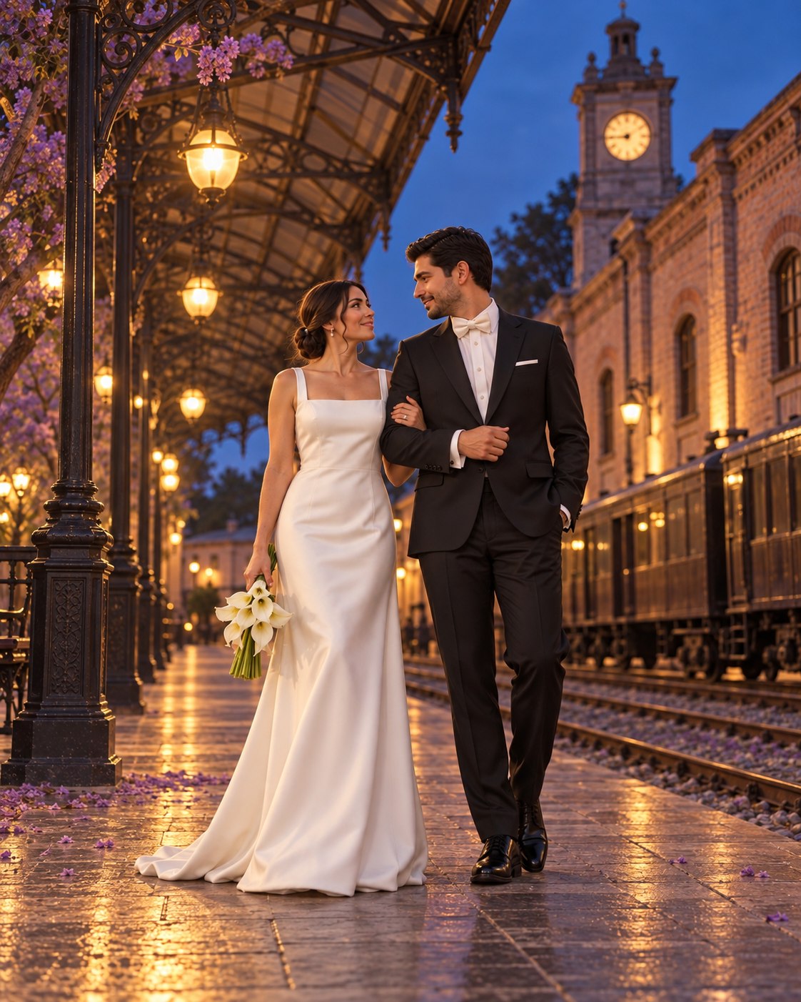 Valentina y Santiago, personajes ficticios generados con IA, en una estación iluminada inspirada en Tres Centurias.
