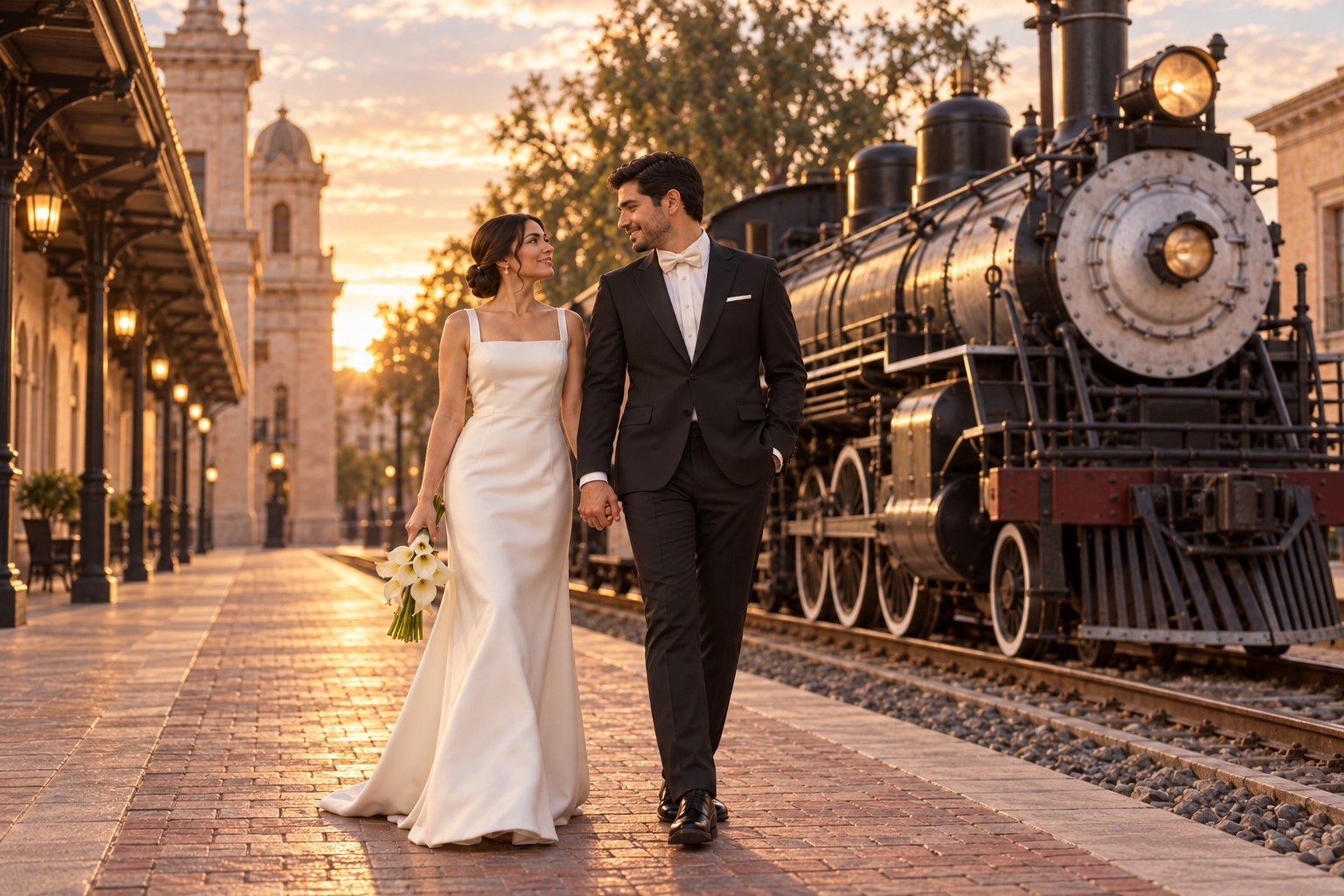 Valentina y Santiago, personajes ficticios generados con IA, junto a una locomotora en una sesión inspirada en Tres Centurias.
