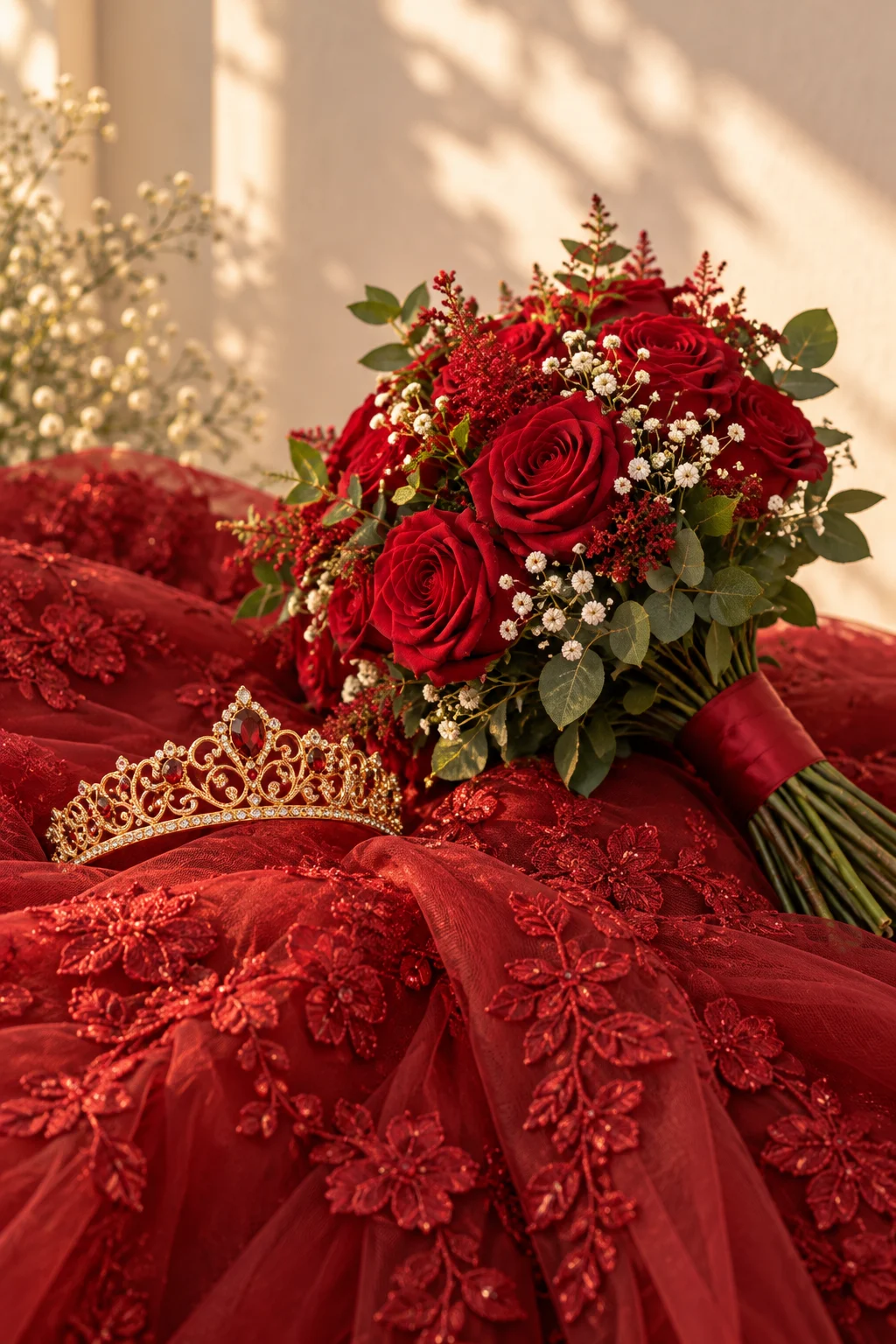 La tiara y el ramo sobre el tul rubí · Rubí es un personaje ficticio creado con IA.