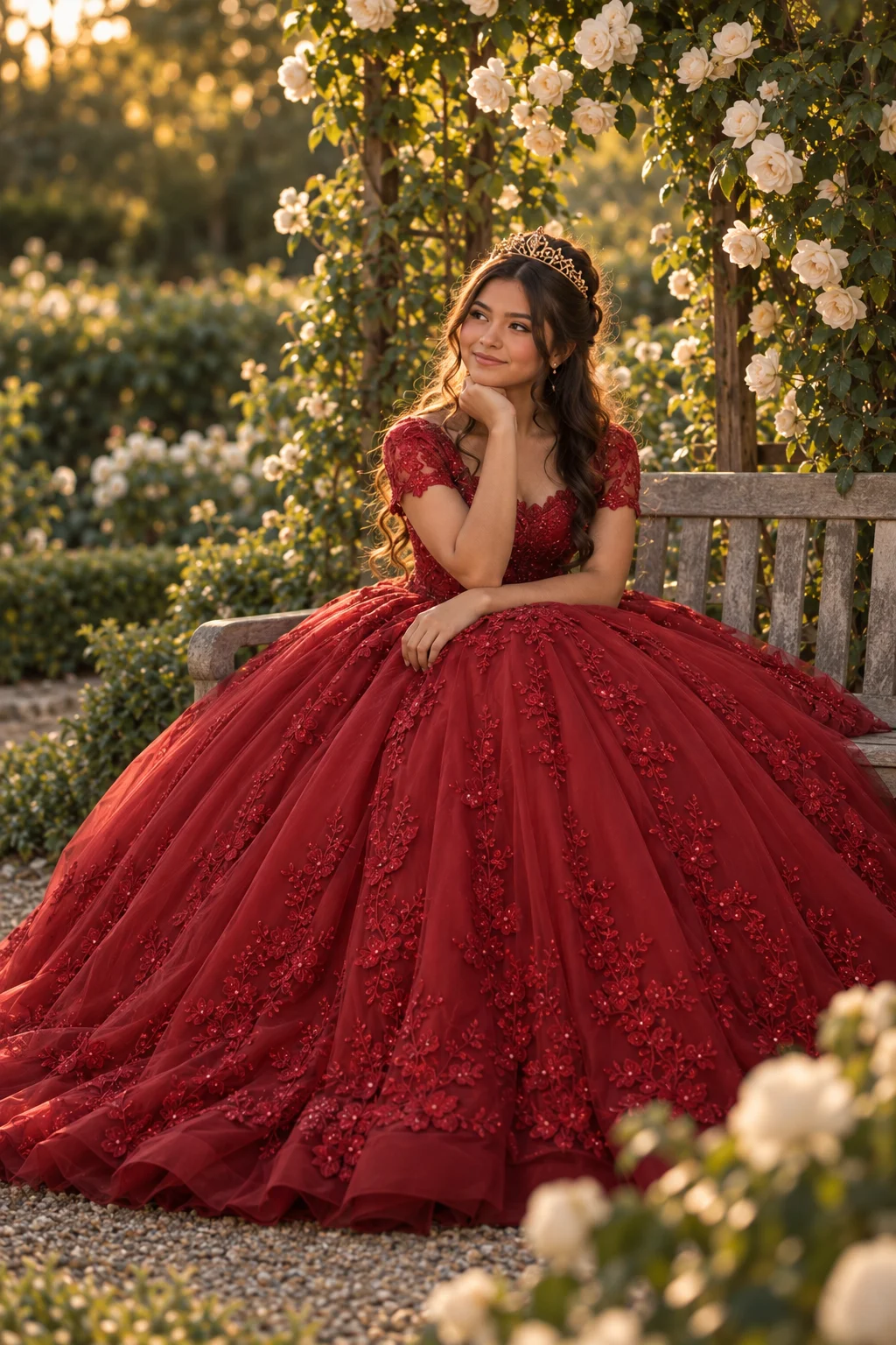 Rubí bajo las rosas del jardín · Rubí es un personaje ficticio creado con IA.
