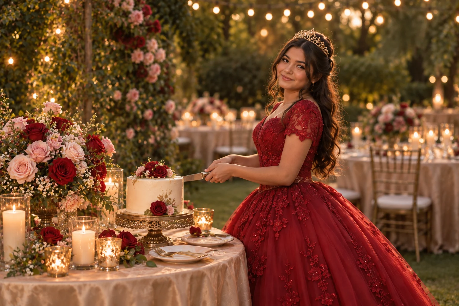 Pastel y flores de una recepción de XV años · Rubí es un personaje ficticio creado con IA.