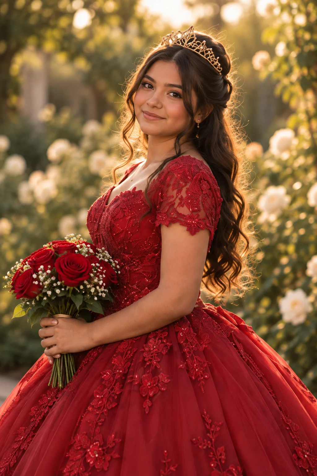 Retrato de Rubí con su ramo de rosas · Rubí es un personaje ficticio creado con IA.