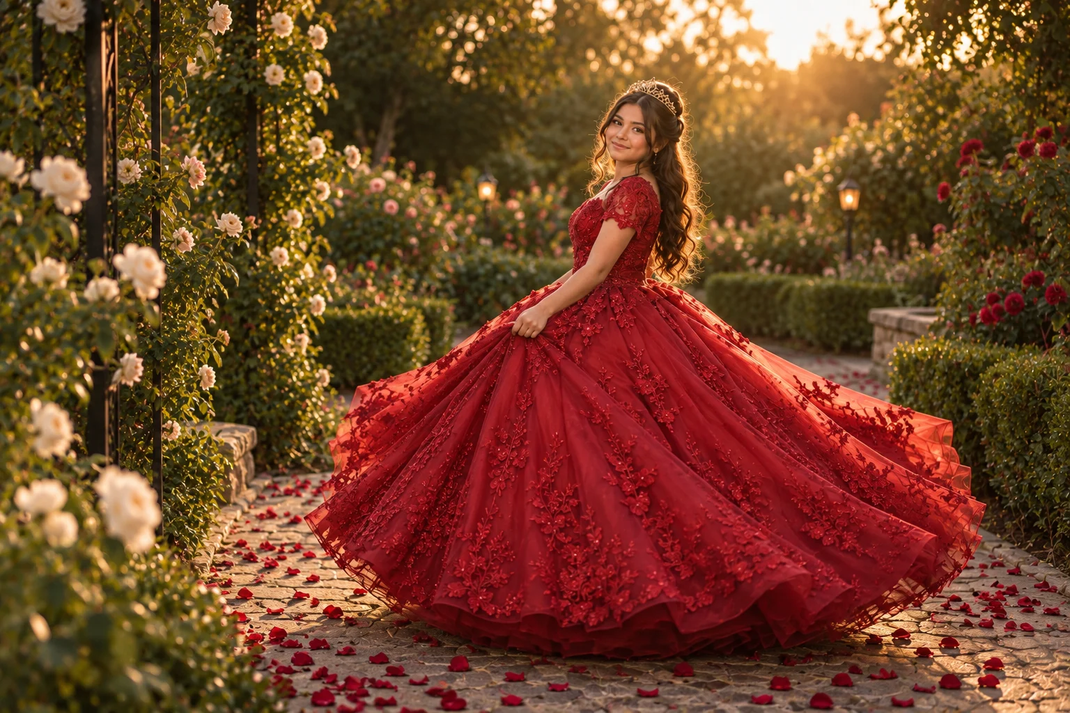 Rubí girando con su vestido durante la sesión · Rubí es un personaje ficticio creado con IA.